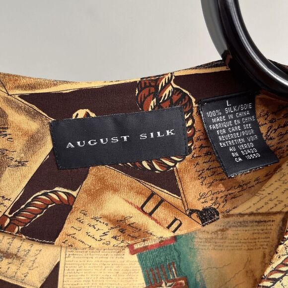 August Silk Vintage Print Blouse L - 100% Silk, History-Inspired Collage Pattern - Picture 2 of 9